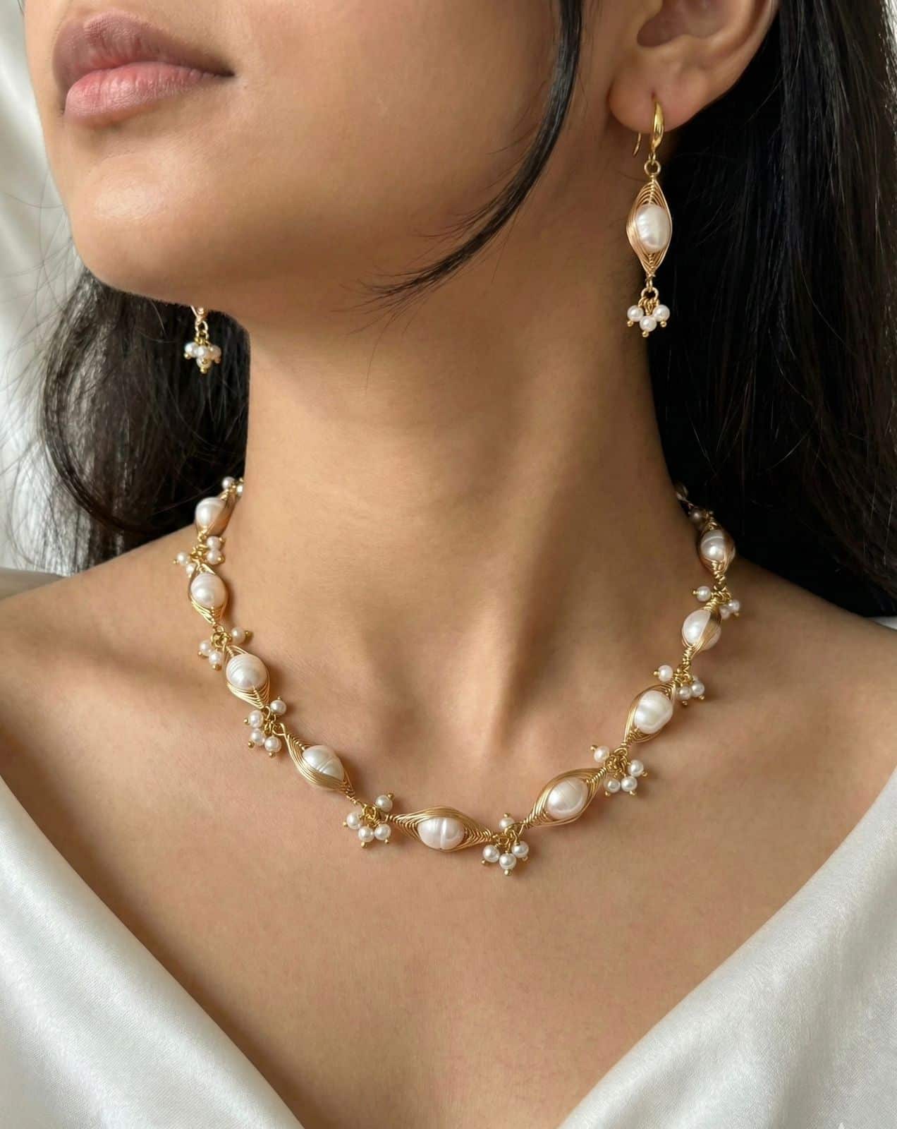 Freshwater Pearl Necklace & Earring Set with Gold Wire Detailing (Handcrafted Design) - Image 3