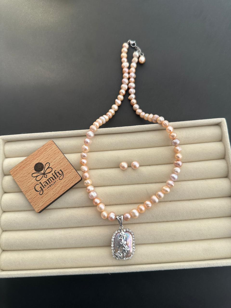 Pink Freshwater Pearl Necklace 7–8mm with Floral Pendant | 17–18 Inch - Image 3