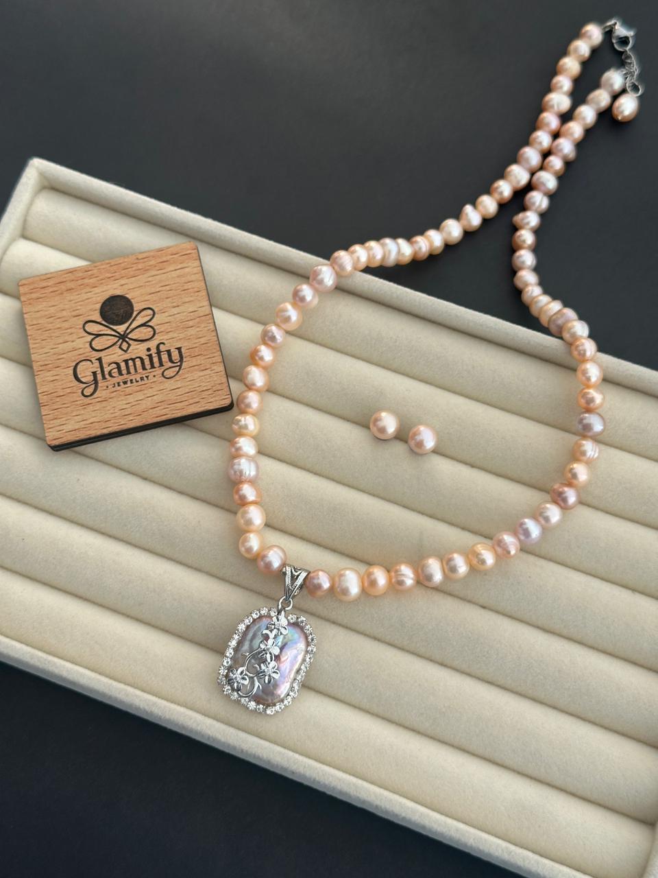 Pink Freshwater Pearl Necklace 7–8mm with Floral Pendant | 17–18 Inch - Image 6