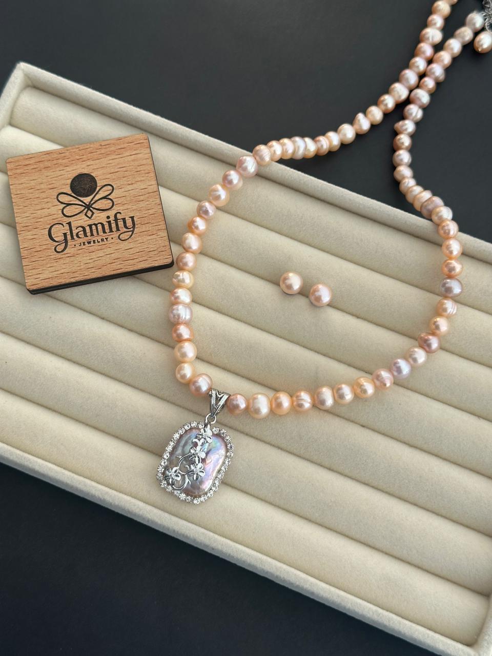 Pink Freshwater Pearl Necklace 7–8mm with Floral Pendant | 17–18 Inch - Image 5