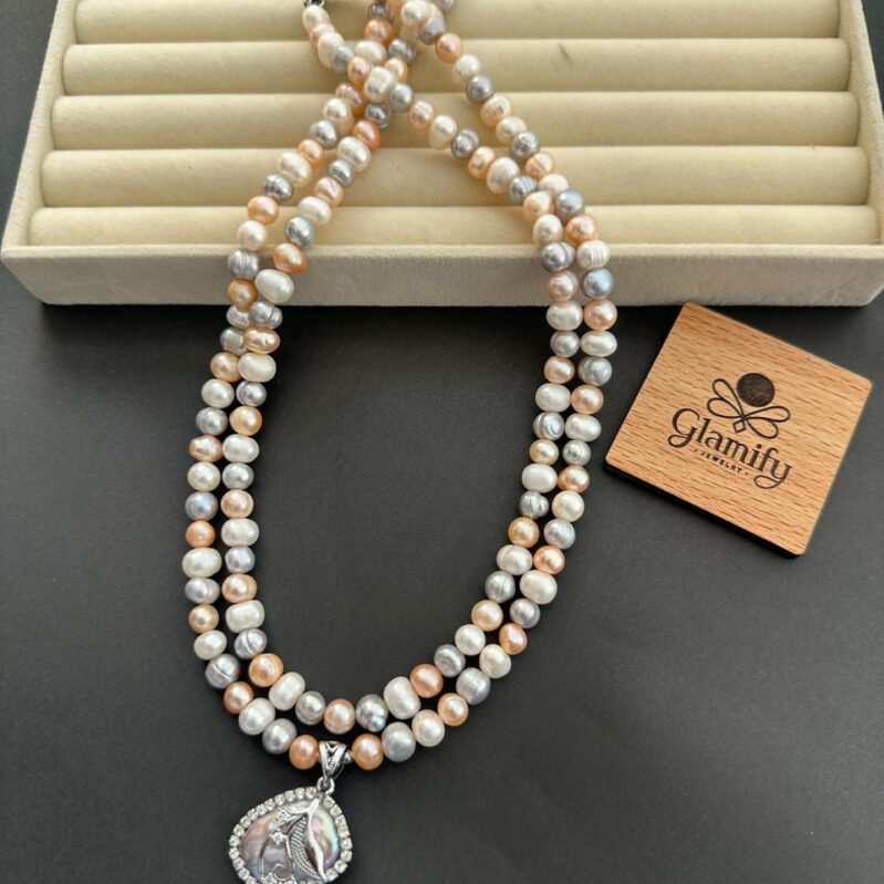 Double Layer Freshwater Pearl Necklace with Natural Mother Pearl  Pendant