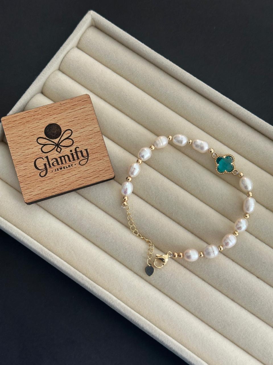Freshwater Pearl Adjustable Bracelet with Gem Charm – 7mm Pearl Beads | Glamify Jewelry