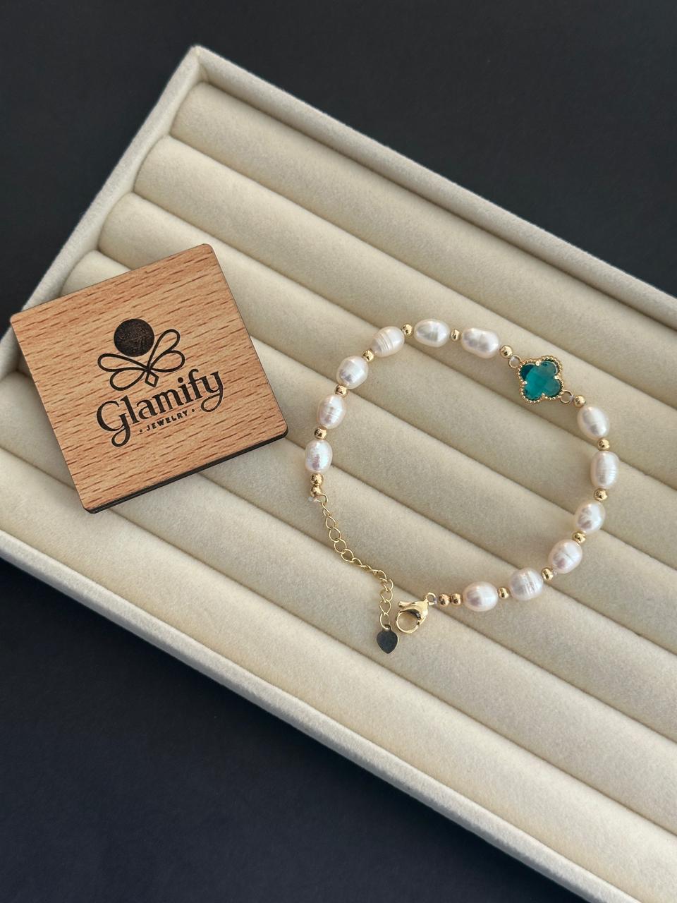 Freshwater Pearl Adjustable Bracelet with Gem Charm – 7mm Pearl Beads | Glamify Jewelry - Image 2