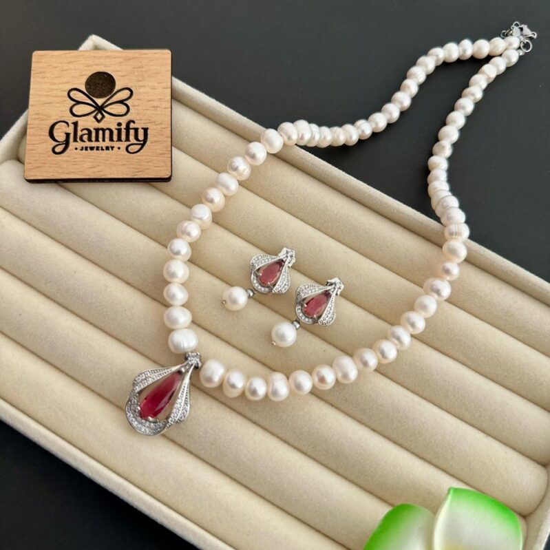 Freshwater Pearl Necklace Set 7–8mm with Red Drop Pendant | 17 Inch