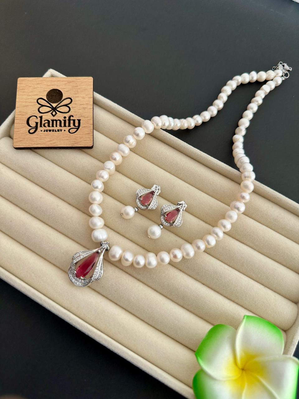 Freshwater Pearl Necklace Set 7–8mm with Red Drop Pendant | 17 Inch
