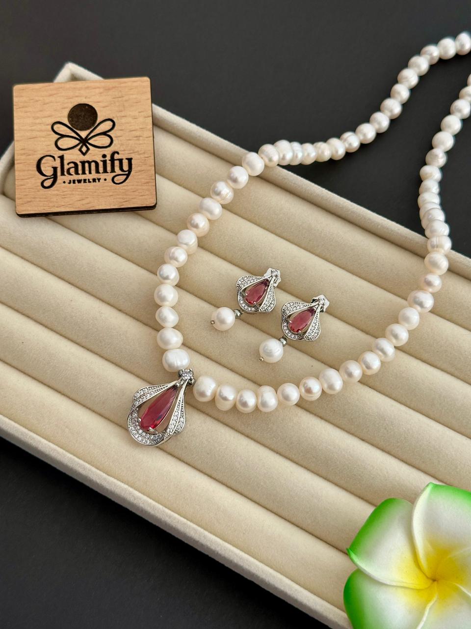 Freshwater Pearl Necklace Set 7–8mm with Red Drop Pendant | 17 Inch - Image 2