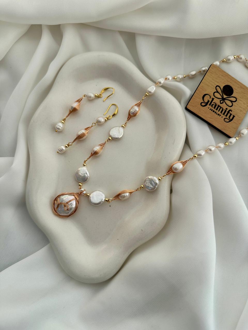 Handcrafted Freshwater Pearl Necklace Set with Gold Wire Pendant - Image 4