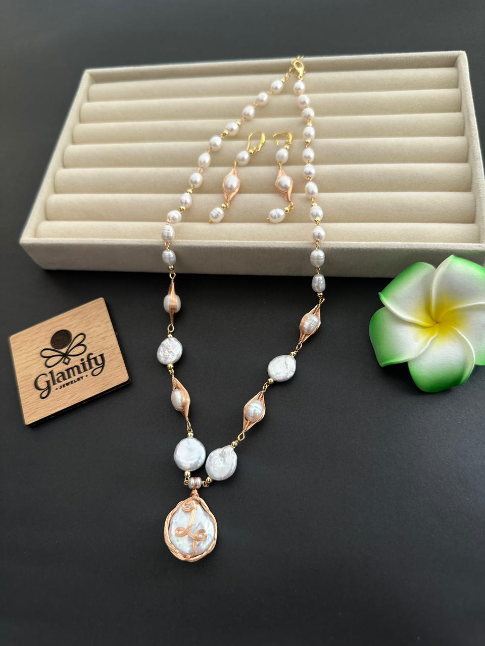 Handcrafted Freshwater Pearl Necklace Set with Gold Wire Pendant - Image 3