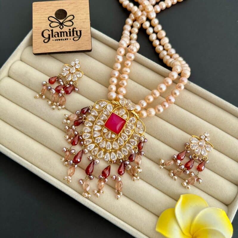 Freshwater Pink Pearl Necklace Set with Ruby-Tone & Crystal Stones – 7/8mm | 17 Inch