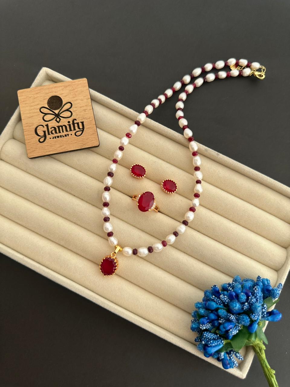 Freshwater Rice Pearl Necklace Set with Real Ruby Stone – 5mm | 17 Inch - Image 3