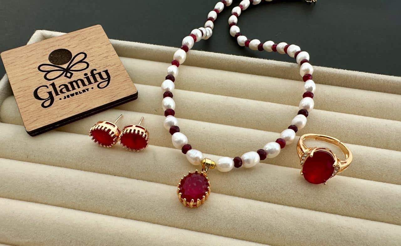 Freshwater Rice Pearl Necklace Set with Real Ruby Stone – 5mm | 17 Inch - Image 2