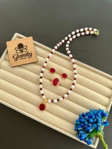 Freshwater Rice Pearl Necklace Set with Real Ruby Stone – 5mm | 17 Inch