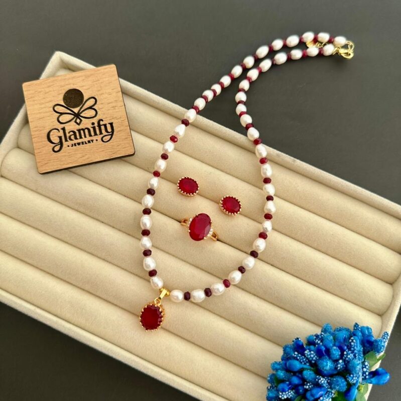 Freshwater Rice Pearl Necklace Set with Real Ruby Stone – 5mm | 17 Inch