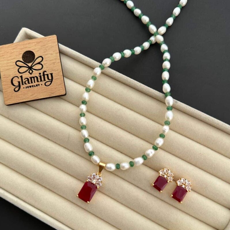 Freshwater Rice Pearl Necklace Set with Red & Panna Stone Accents – 5mm | 17 Inch