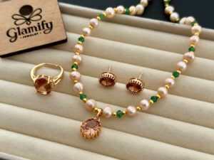Freshwater Rice Pearl Necklace Set with Peach Crystal & Green Stone Accents – 5mm | 17 Inch