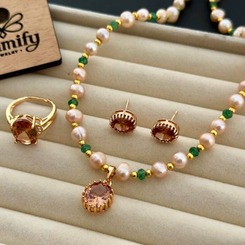 Freshwater Rice Pearl Necklace Set with Peach Crystal & Green Stone Accents – 5mm | 17 Inch