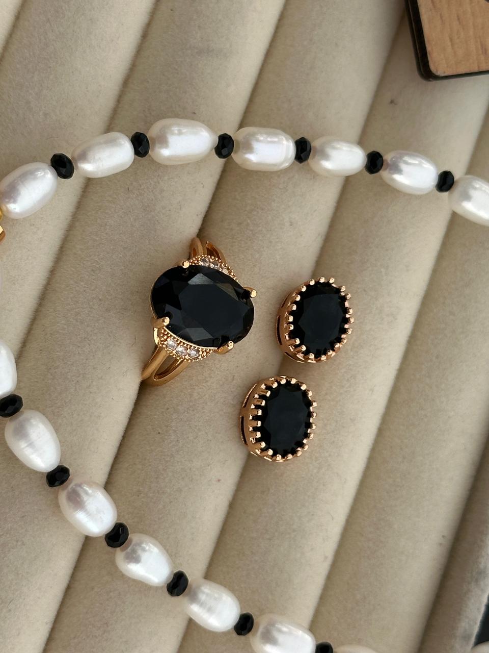 Freshwater Rice Pearl Necklace Set with Real Black Onyx Stone – 5mm | 17 Inch - Image 4