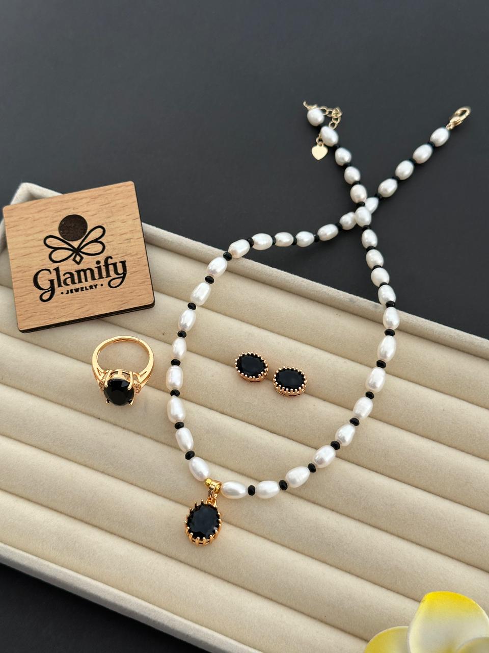 Freshwater Rice Pearl Necklace Set with Real Black Onyx Stone – 5mm | 17 Inch - Image 2