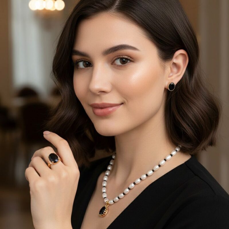 Freshwater Rice Pearl Necklace Set with Real Black Onyx Stone – 5mm | 17 Inch