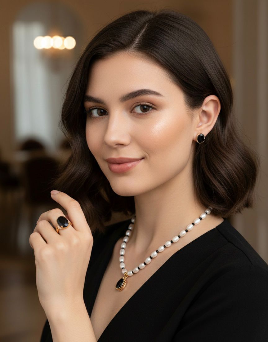 Freshwater Rice Pearl Necklace Set with Real Black Onyx Stone – 5mm | 17 Inch