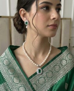 Freshwater Pearl Necklace Set 7–8mm with Panna Stone | 17 Inch