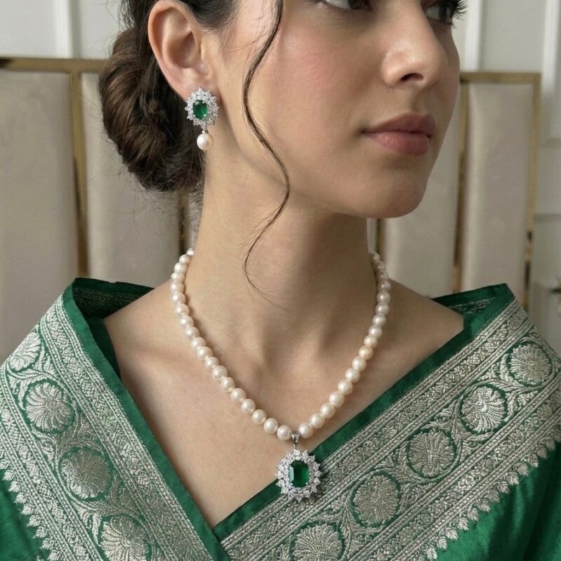 Freshwater Pearl Necklace Set 7–8mm with Panna Stone | 17 Inch