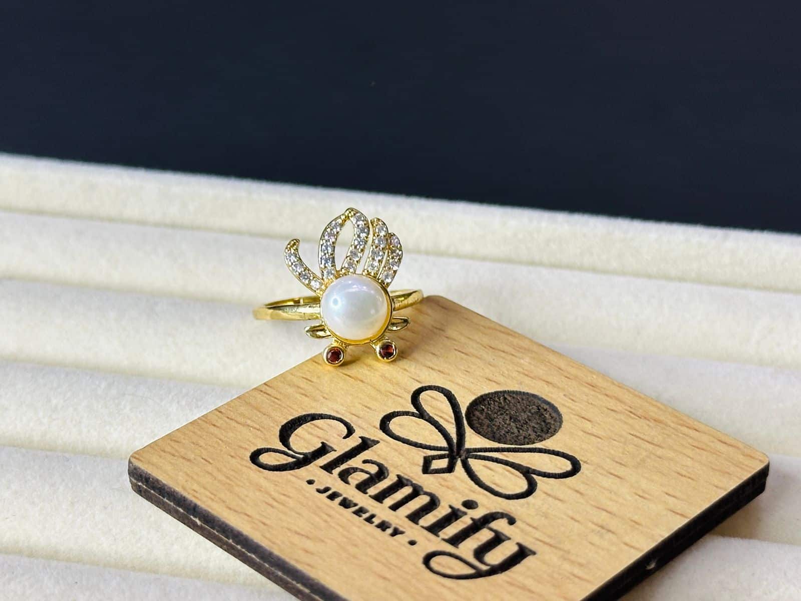 Adjustable White Pearl Ring – 925 Silver Gold Plated for Women