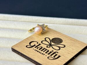 Adjustable Pink Freshwater Pearl Ring with Crystal Accent – Gold Finish