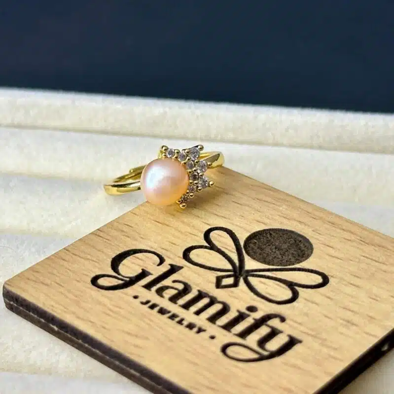 Adjustable Pink Freshwater Pearl Ring with Crystal Accent – Gold Finish