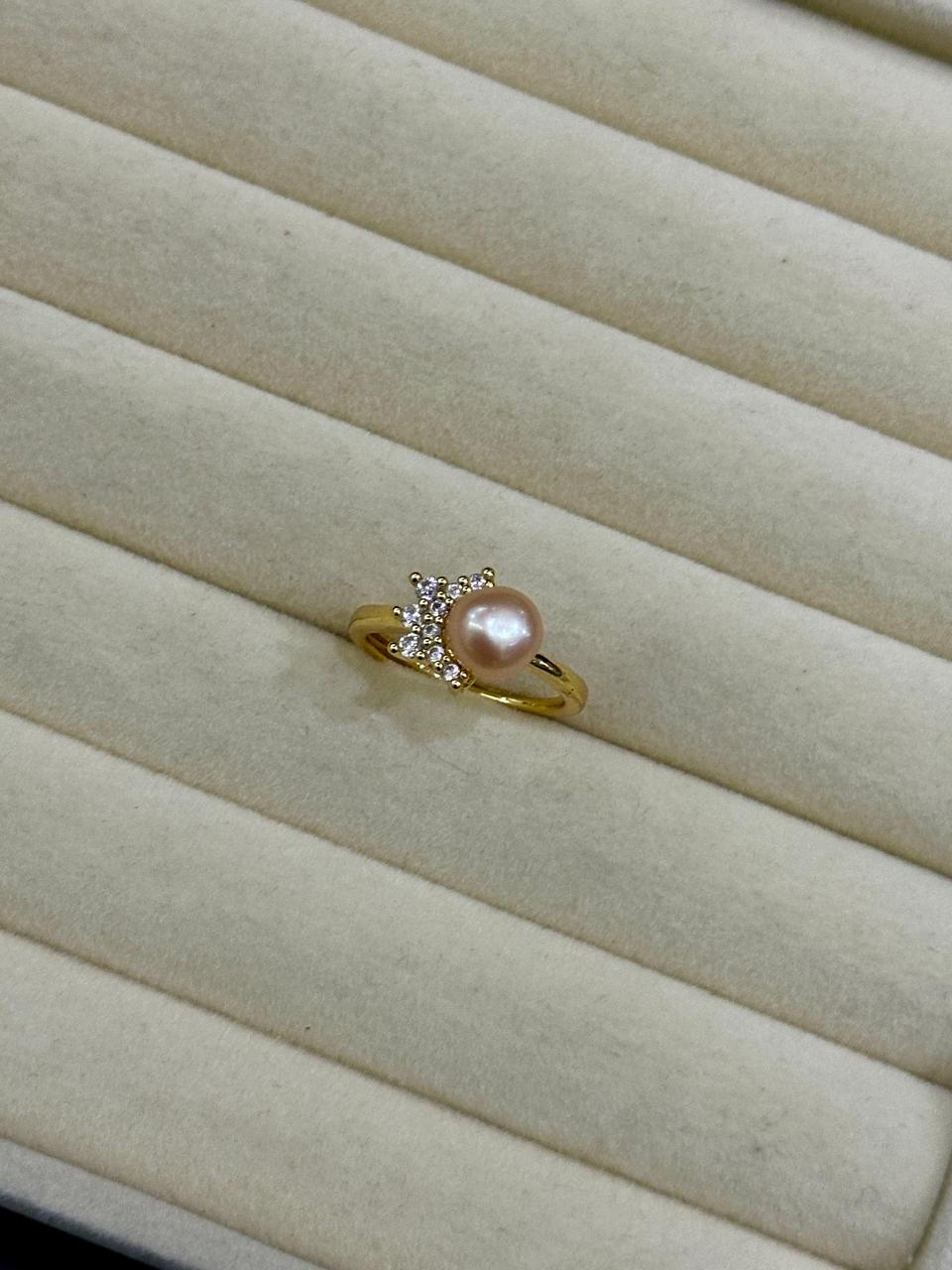 Adjustable Pink Freshwater Pearl Ring with Crystal Accent – Gold Finish - Image 2