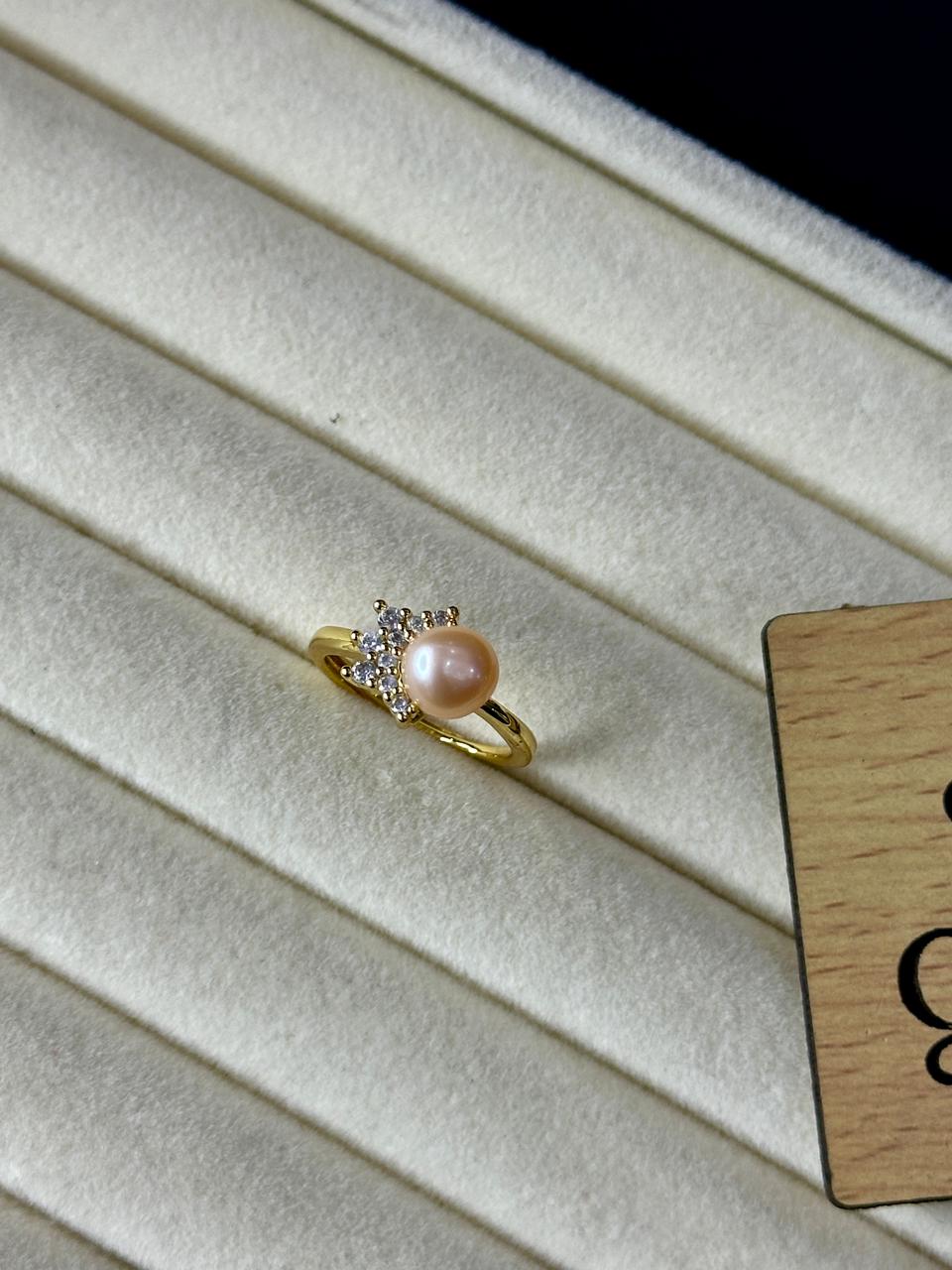 Adjustable Pink Freshwater Pearl Ring with Crystal Accent – Gold Finish - Image 3