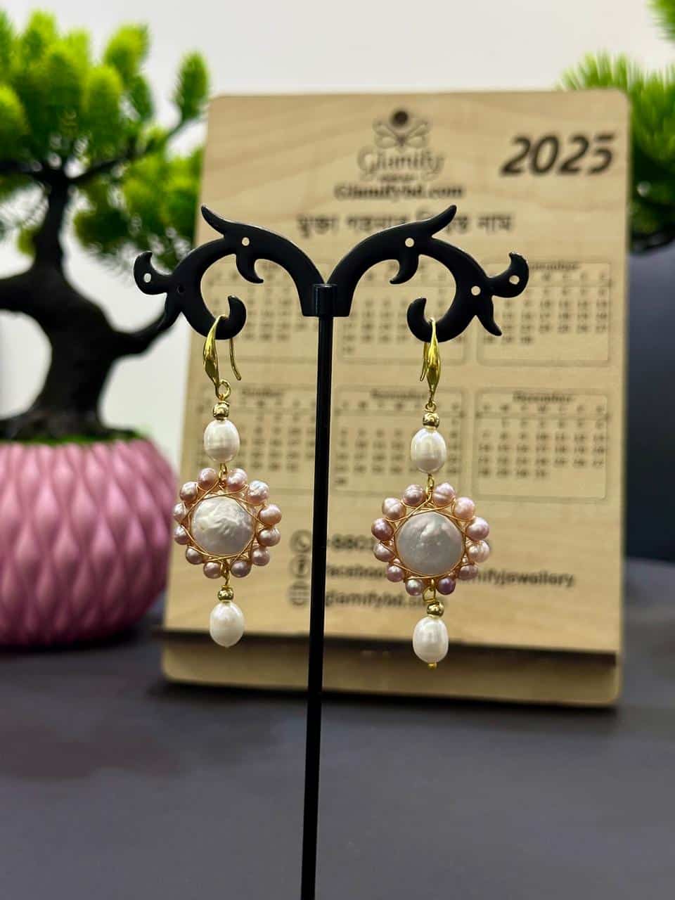 White & Purple Coin Pearl Drop Earrings – Handcrafted Statement Pearl Jewelry - Image 5
