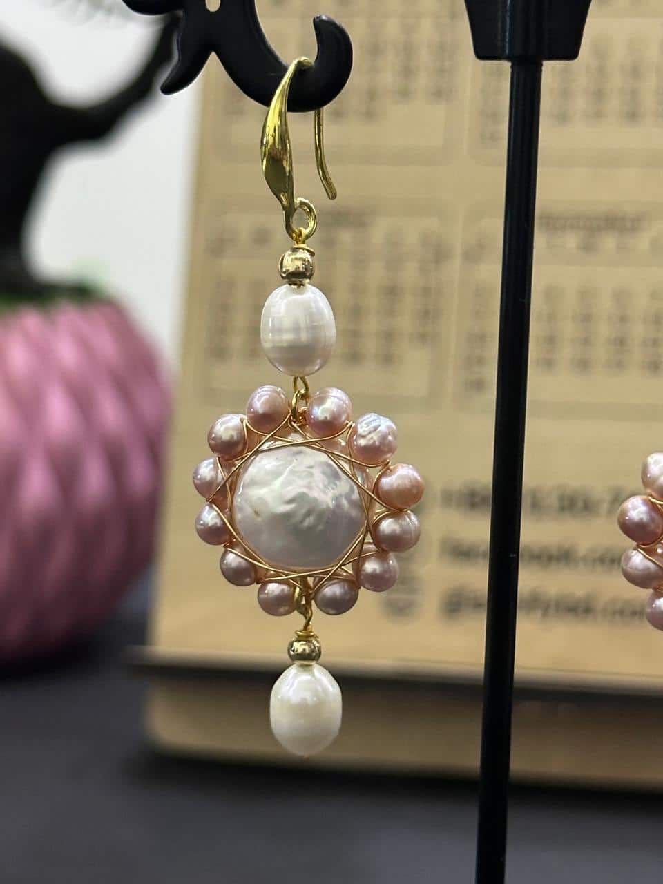 White & Purple Coin Pearl Drop Earrings – Handcrafted Statement Pearl Jewelry - Image 4