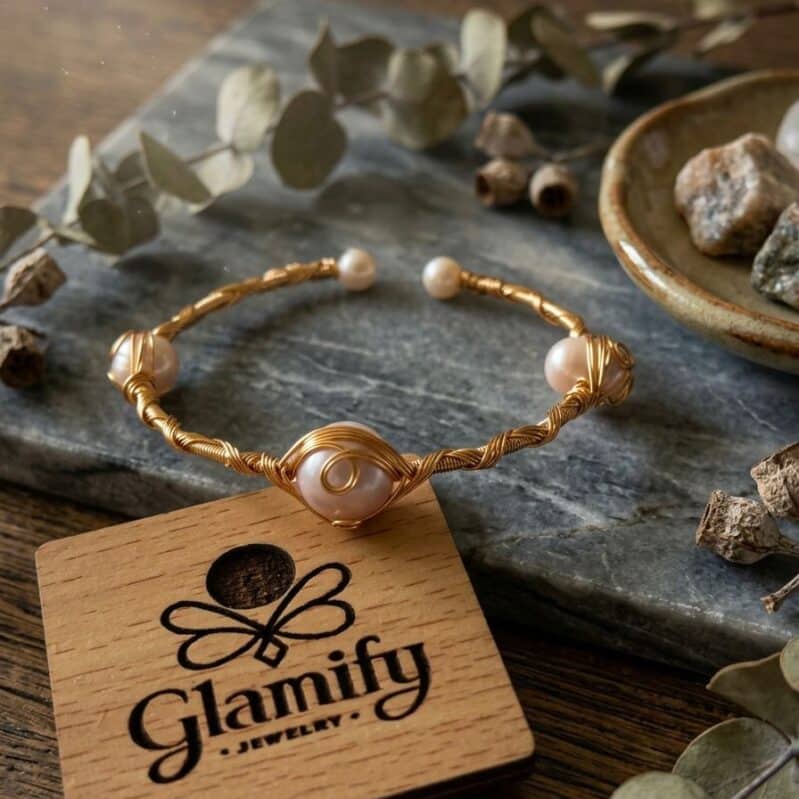 Adjustable Handcrafted Pearl Bracelet – Purple & White | Gold Wire Design