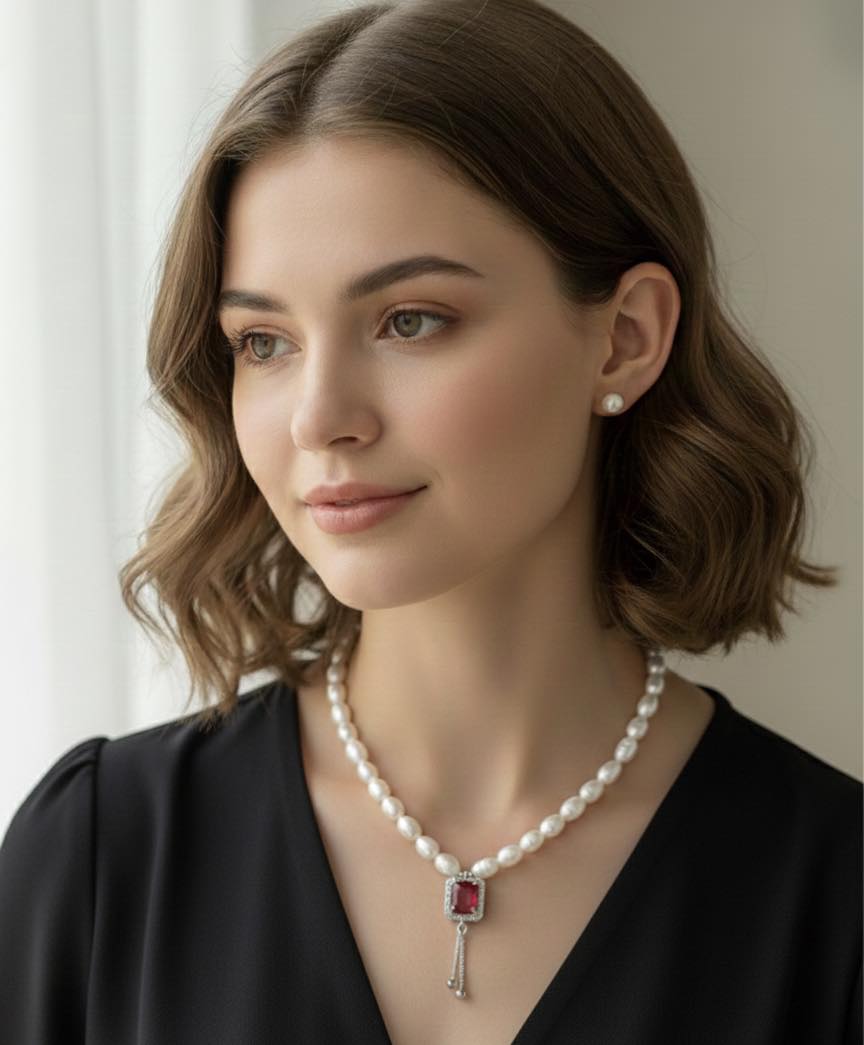 Freshwater Pearl Necklace with Ruby Red Stone Pendant - Image 2