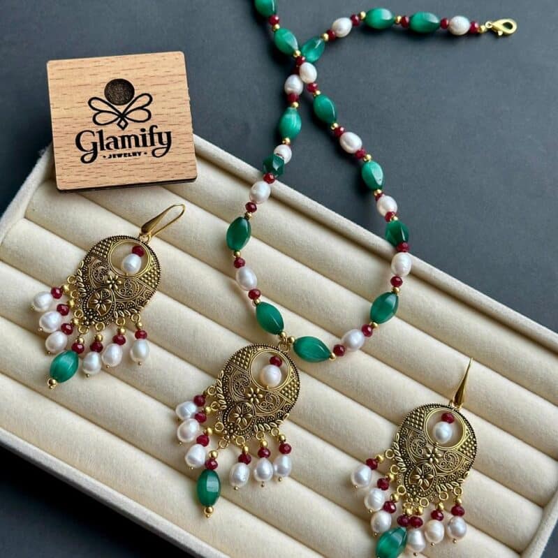 Green Beads & Freshwater Pearl Necklace Set