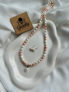 Freshwater Rice Pearl Pendant Necklace with Stud Earrings – Pink & White, 17 Inch