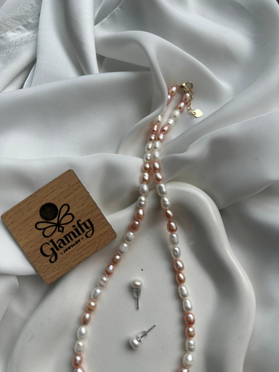 Freshwater Rice Pearl Pendant Necklace with Stud Earrings – Pink & White, 17 Inch - Image 3