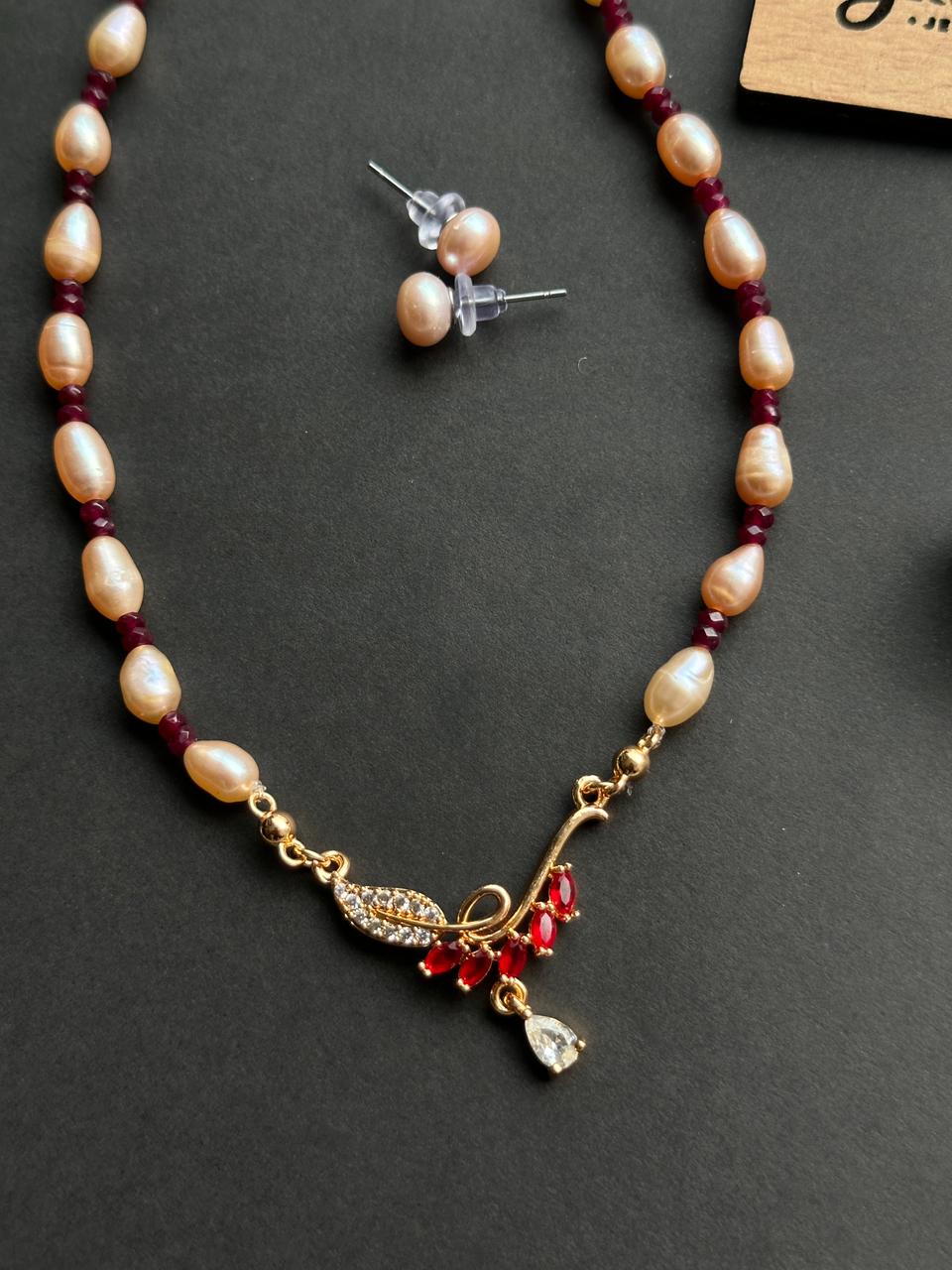 Ruby Stone Pendant Freshwater Rice Pearl Necklace - Image 5