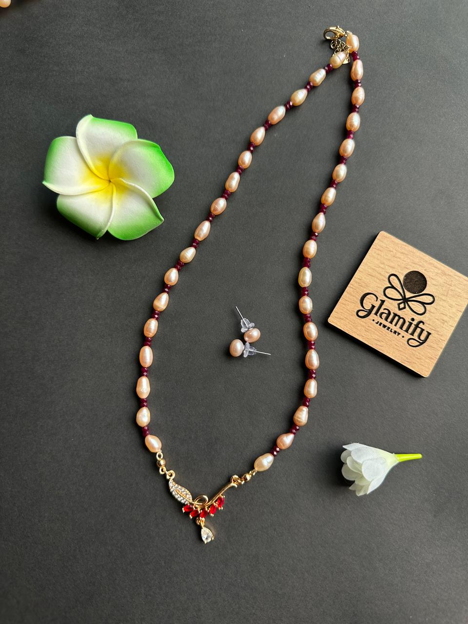 Ruby Stone Pendant Freshwater Rice Pearl Necklace - Image 3