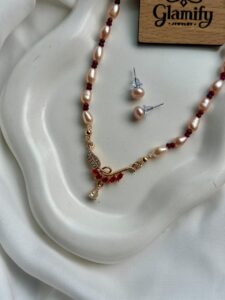 Ruby Stone Pendant Freshwater Rice Pearl Necklace