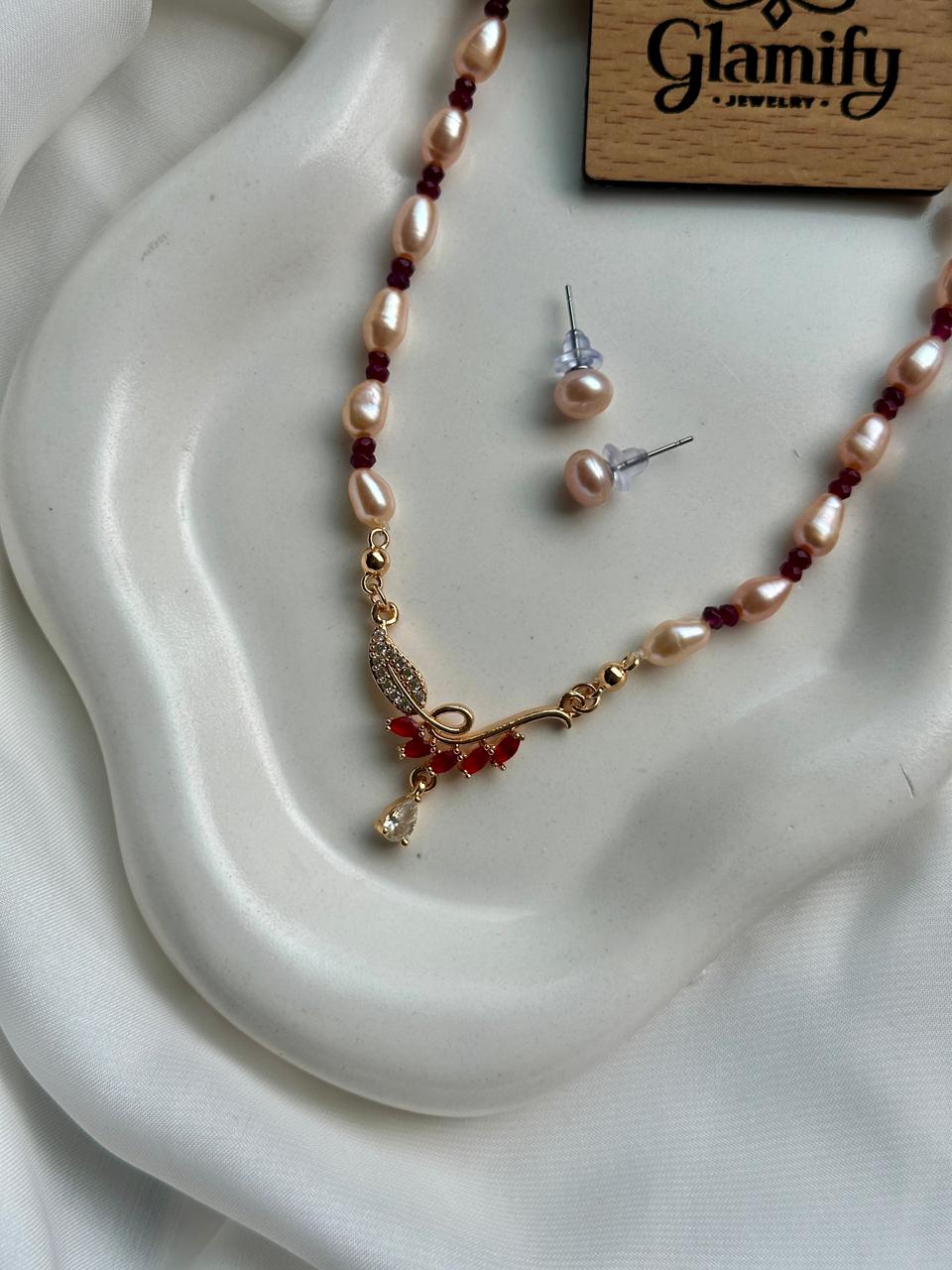 Ruby Stone Pendant Freshwater Rice Pearl Necklace