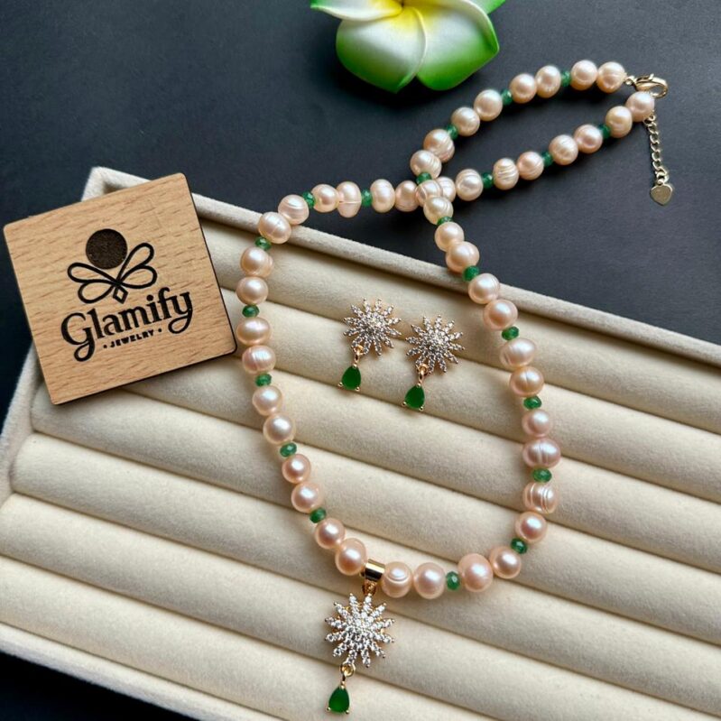 Freshwater Pink Pearl Necklace with Green Stone Pendant