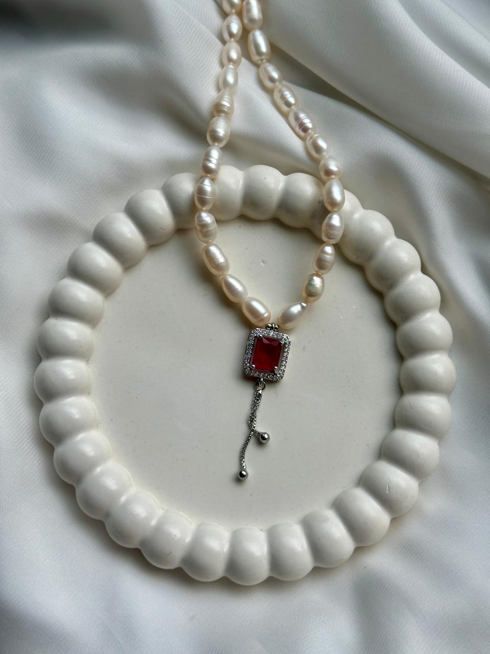 Freshwater Pearl Necklace with Ruby Red Stone Pendant - Image 3