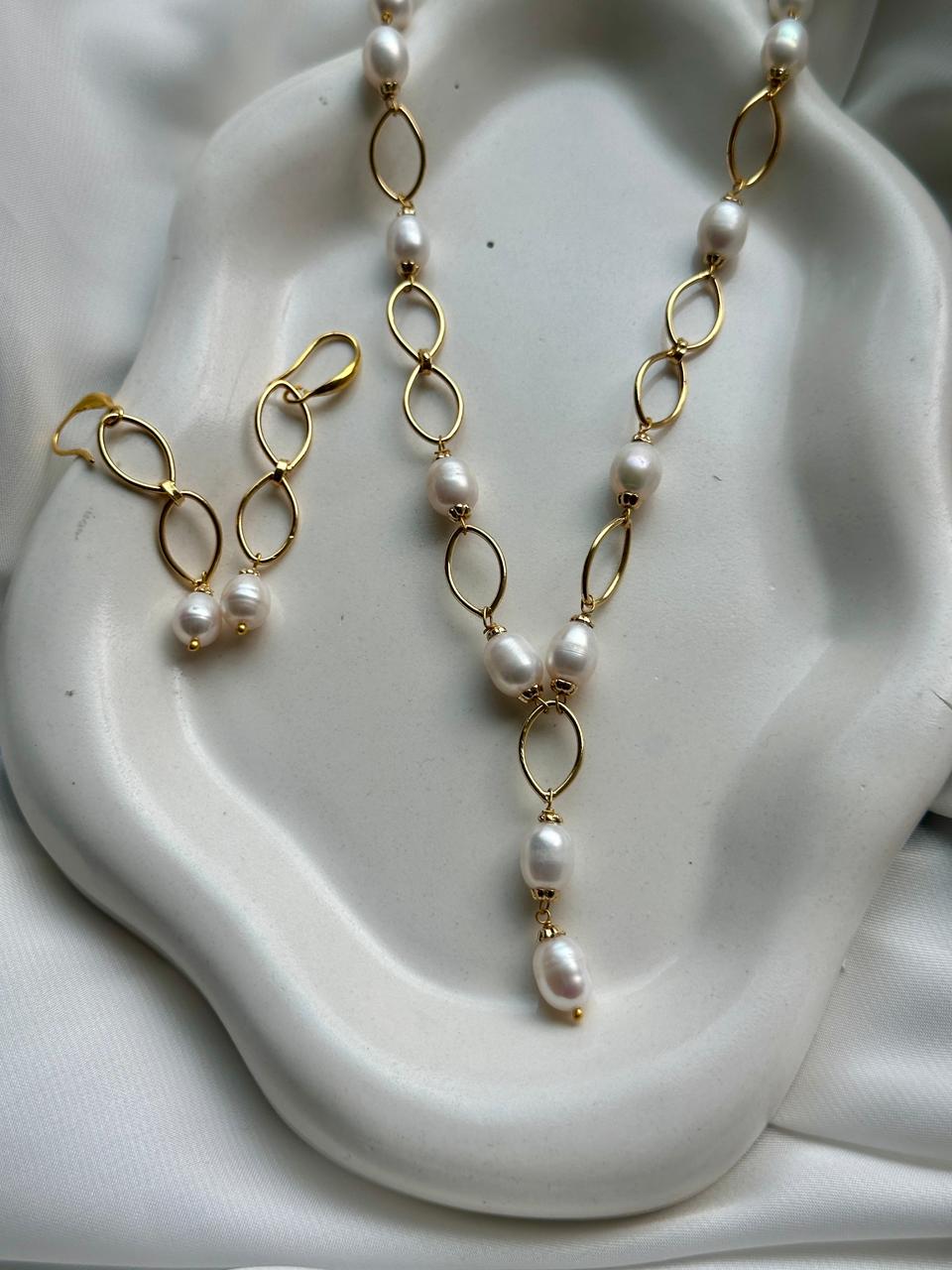 Freshwater Pearl Chain Necklace with Earrings - Image 3