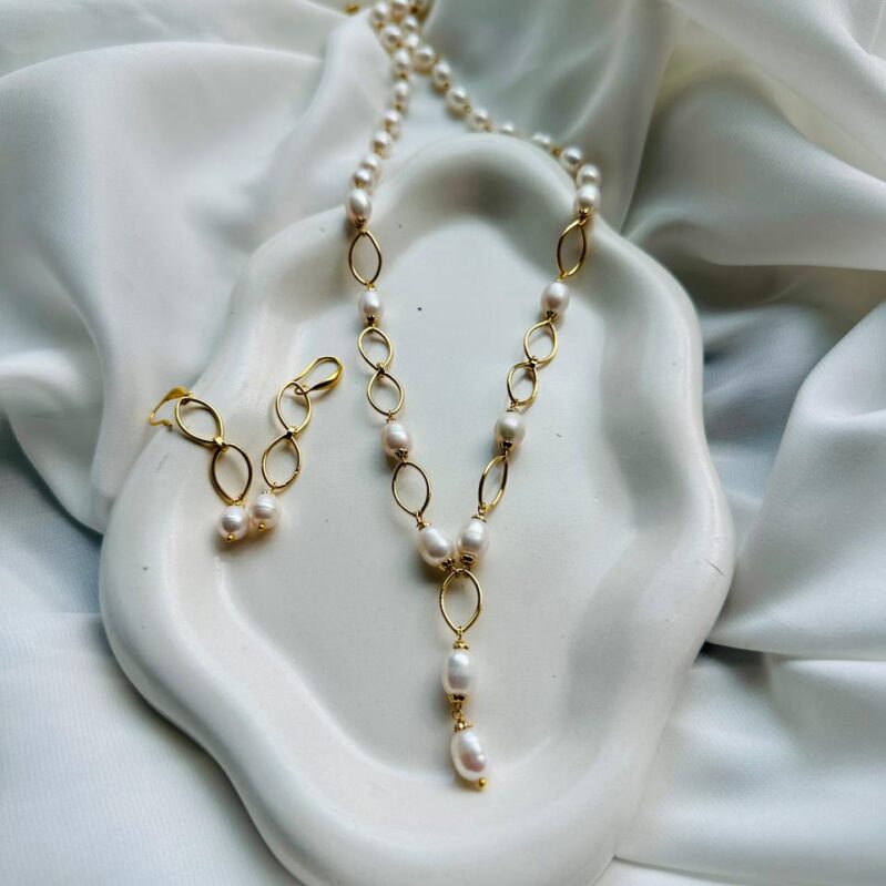 Freshwater Pearl Chain Necklace with Earrings