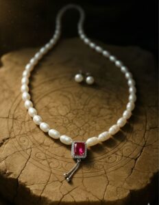 Freshwater Pearl Necklace with Ruby Red Stone Pendant