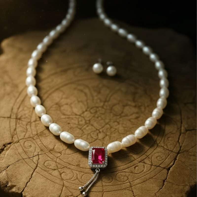 Freshwater Pearl Necklace with Ruby Red Stone Pendant