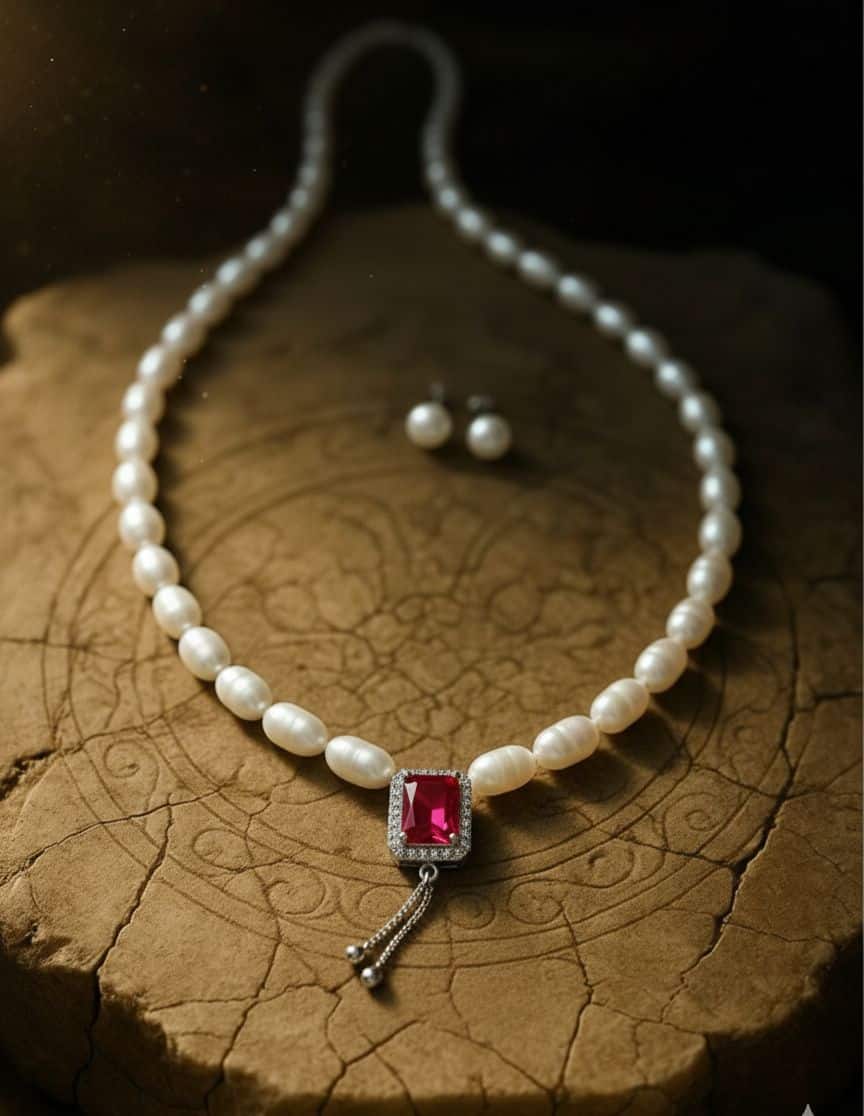 Freshwater Pearl Necklace with Ruby Red Stone Pendant