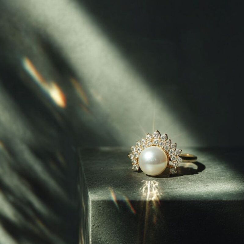 Elegant Freshwater Pearl Ring with Sparkling Stone Halo – Gold Finish
